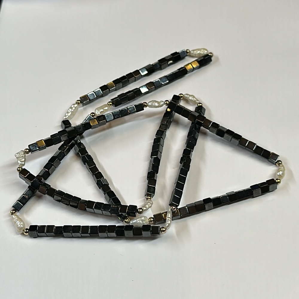 Hematite cube bead and freshwater pearl station necklace
